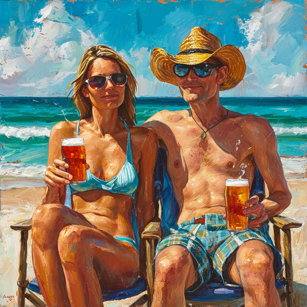 Disfruta de esta vibrante imagen de una pareja relajándose en la playa con cervezas en mano. Capturando la esencia del verano y la despreocupación, esta escena es perfecta para artículos sobre vacaciones, estilo de vida y disfrute bajo el sol.