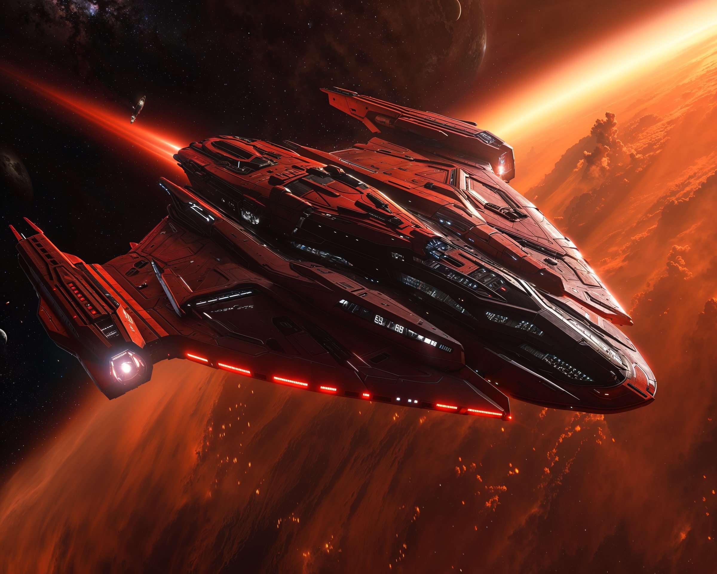 Explora las profundidades del cosmos con esta imagen cautivadora de una nave espacial avanzada surcando un cielo ardiente, una visión que captura la esencia de la aventura espacial y la exploración astronómica.