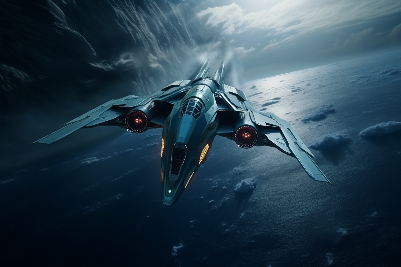 Descubre la majestuosidad de la ingeniería futurista con esta imagen de un caza espacial avanzado, sobrevolando un océano cubierto de nubes en un ambiente sombrío y misterioso. Ideal para los entusiastas de la tecnología y la ciencia ficción.