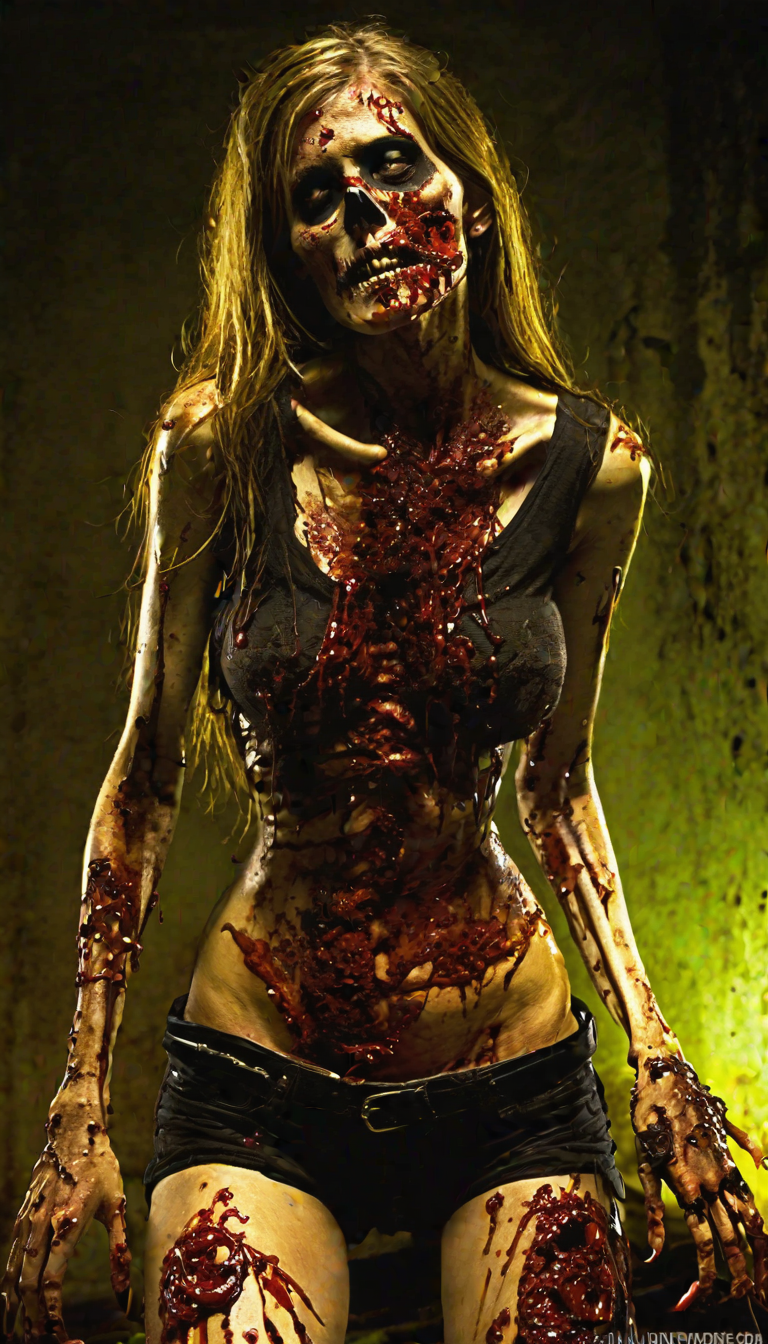 Adéntrate en el horror visceral con esta impactante imagen de un zombi cubierto de sangre y heridas abiertas. Perfecta para los fanáticos del terror extremo, esta escena macabra y detallada capta la brutalidad y el escalofrío del mundo de los muertos vivientes con realismo perturbador.