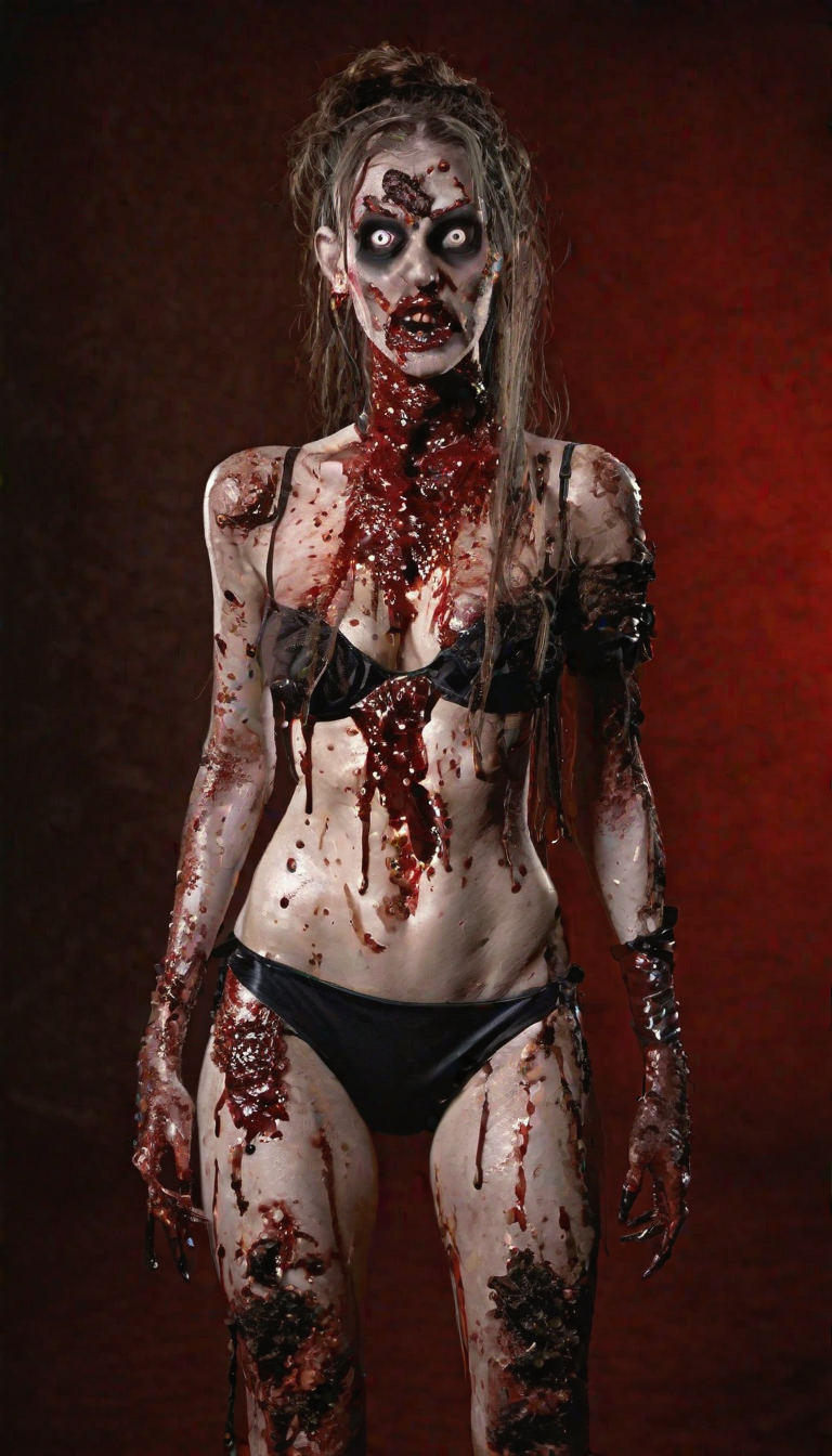 Atrévete a mirar de cerca el horror con este impresionante retrato de un zombi en traje de baño, cubierto de sangre y llagas abiertas. Una escena horripilante que captura la esencia del terror y el gore, ideal para los fanáticos del horror extremo y el arte visceral.