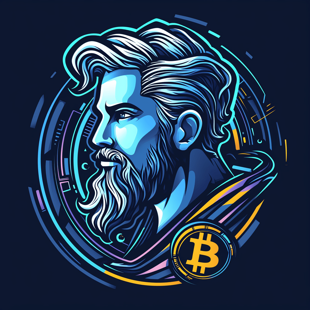 Un impresionante retrato masculino resaltado por los vibrantes tonos azules y amarillos de Bitcoin.