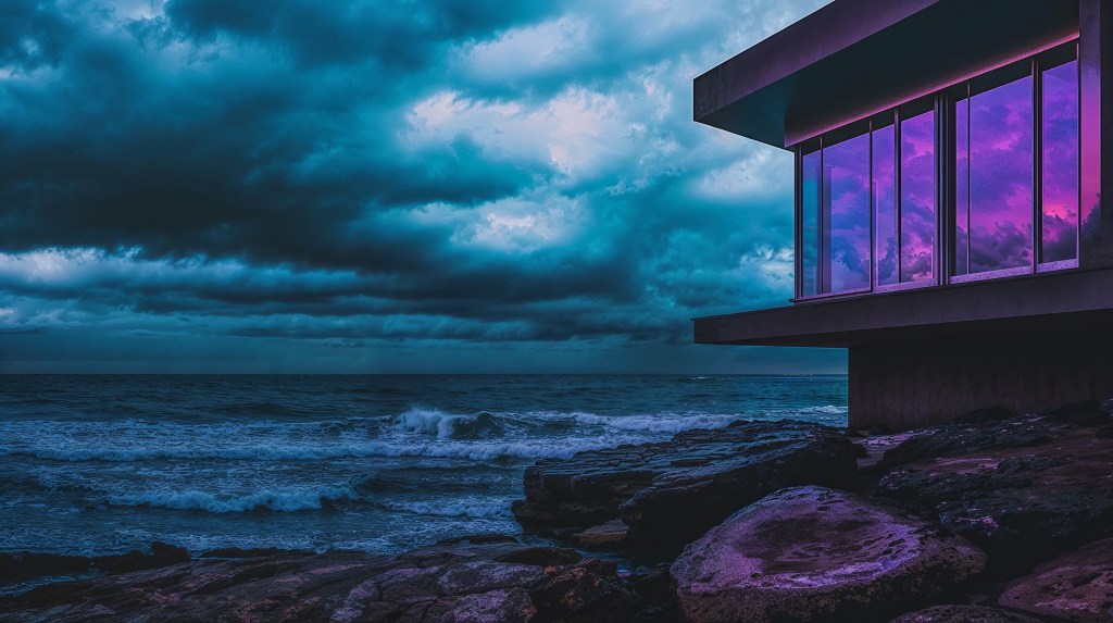 Una casa moderna con ventanales reflejando tonos púrpura y un cielo dramático sobre un océano en tonos oscuros.