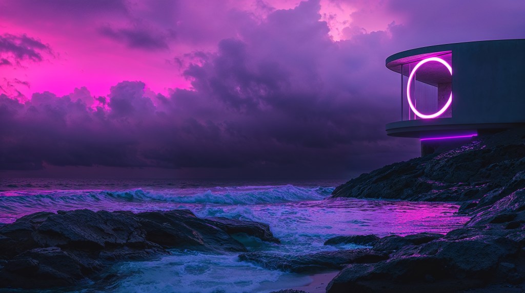 Costa rocosa con cielo púrpura y una estructura moderna con neón rosado, creando un ambiente dramático y fuera de este mundo.