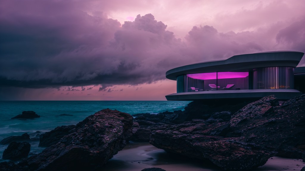 Casa moderna con luces púrpuras frente a un océano sereno y un cielo dramático, creando un ambiente onírico. #Paisaje #Fotografía #O