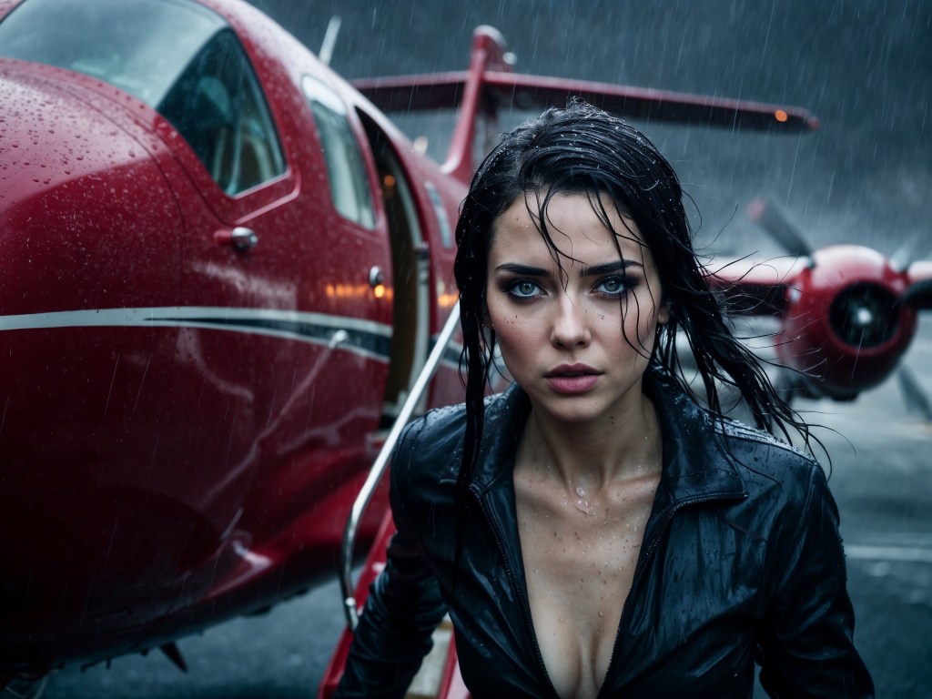 Una mujer empapada bajo la lluvia, con un look de cuero negro, está al lado de un avión privado turbohélice rojo. La imagen transmite una atmósfera de tensión y acción, con una estética cinematográfica. El avión y el clima contribuyen a la sensación de urgencia y drama. #Vehículo