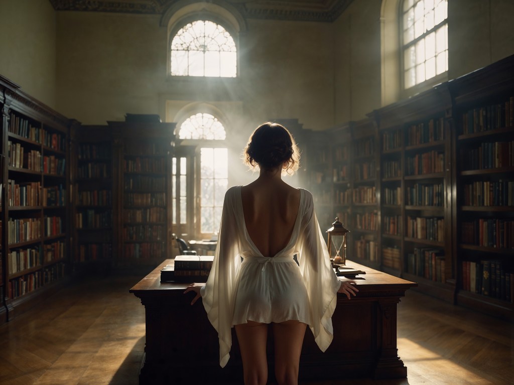Una mujer se encuentra de pie en una biblioteca clásica, luciendo un vestido blanco ligero y elegante. La luz natural que se filtra por los ventanales resalta la serenidad del espacio, rodeado de estanterías repletas de libros antiguos. Una escena de contemplación y belleza atemporal. #Mujer #Dise