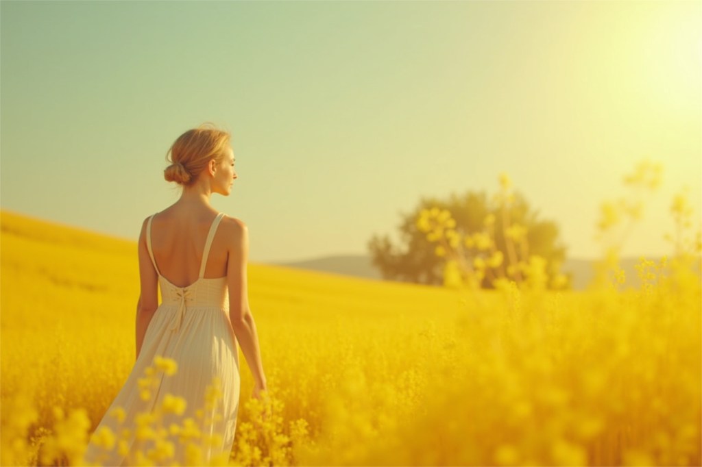 Sumérgete en la serenidad de un paisaje bañado por la cálida luz del atardecer, donde una mujer de espaldas con un vestido ligero recorre un campo de flores amarillas. La combinación de colores vibrantes y el ambiente tranquilo hacen de esta escena un escape perfecto a la naturaleza.