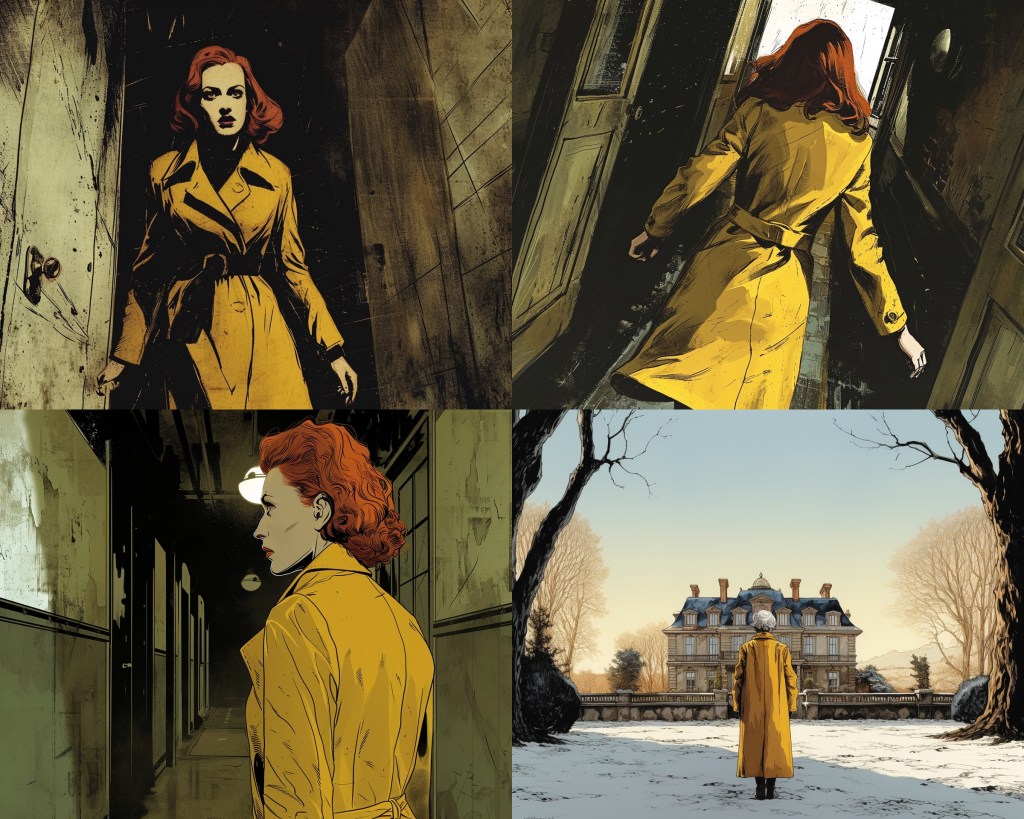 Explora el misterio con esta serie de ilustraciones vibrantes que capturan a una mujer enigmática en un abrigo amarillo, investigando escenarios sombríos y antiguas mansiones en un ambiente invernal. Perfecto para los amantes del arte gráfico y las historias de misterio.