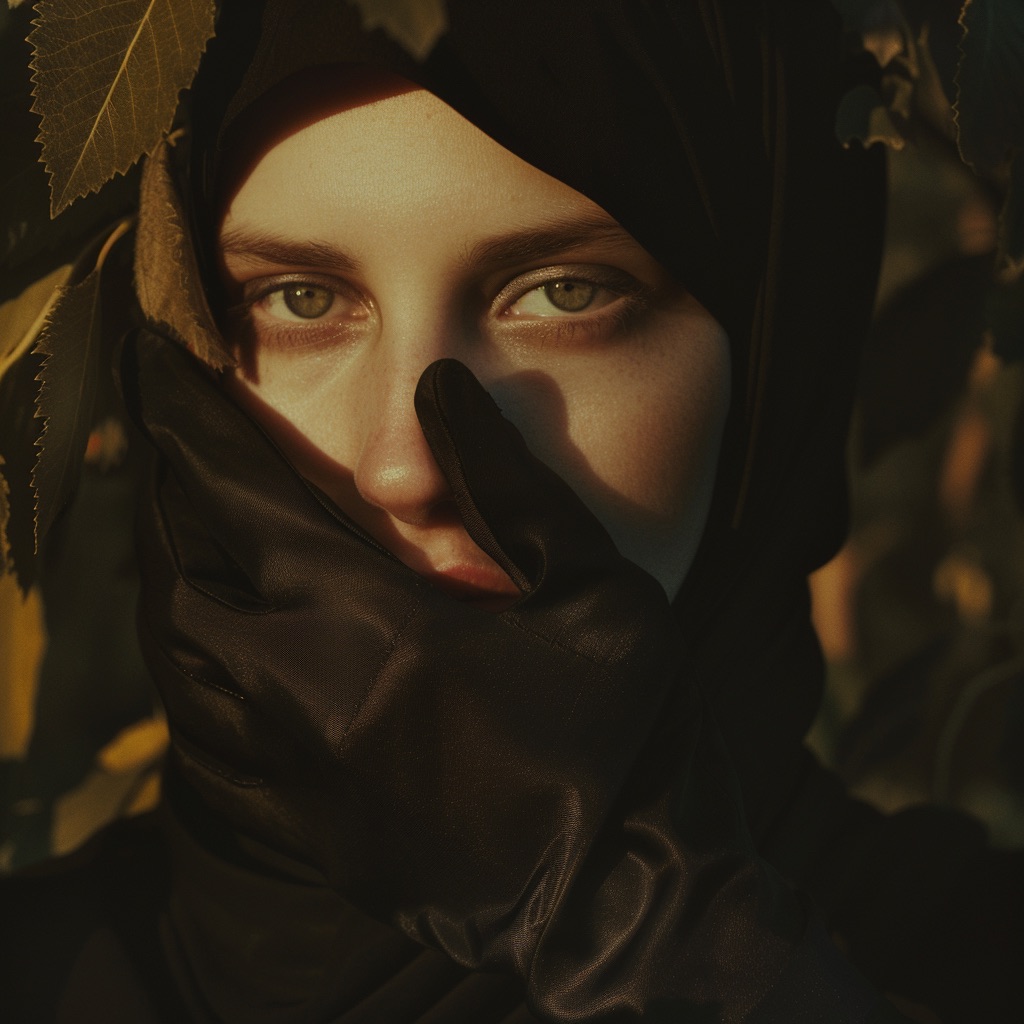 Retrato de una mujer con una expresión introspectiva y ojos penetrantes, con la boca tapada por una mano con un guante oscuro, rodeada de hojas. La iluminación cálida crea un contraste entre las sombras y los detalles del rostro. Ideal para proyectos que exploran el misterio y la naturaleza humana. #Mujeres #Retrato #