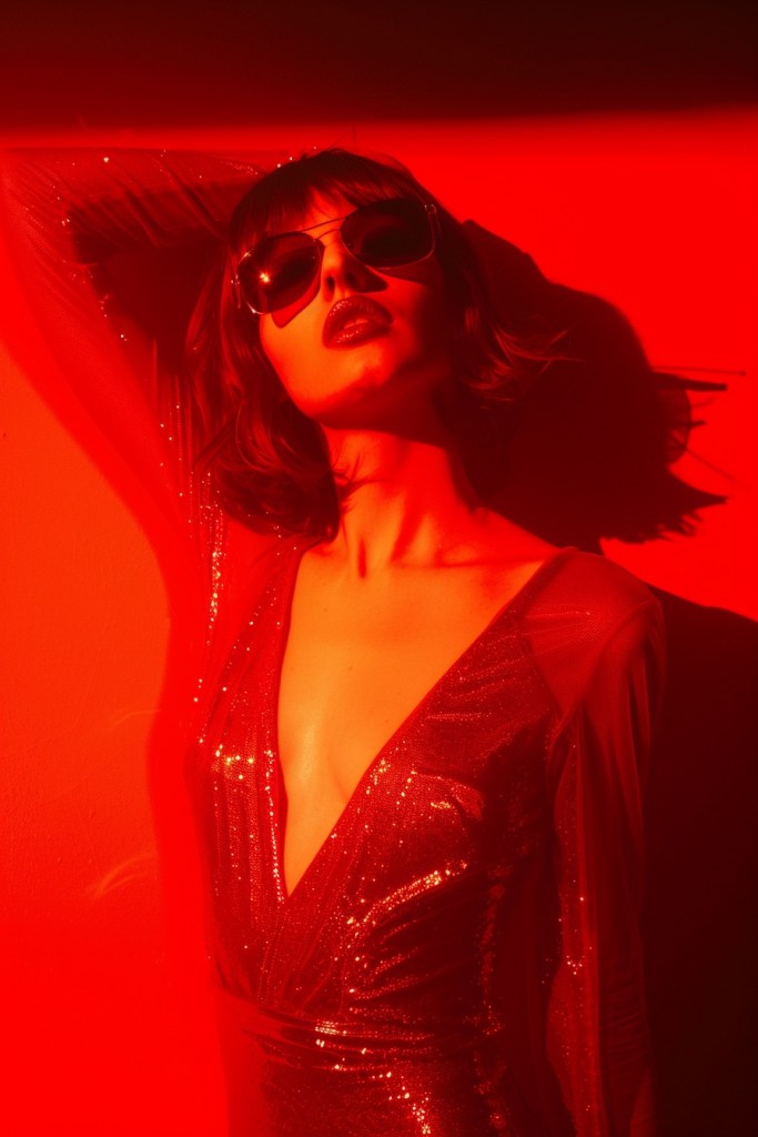 Retrato de una mujer con gafas de sol y un traje de fiesta brillante bajo una intensa iluminación roja. La imagen evoca una atmósfera de glamour audaz y un estilo retro, perfecta para campañas de moda y fotografía creativa.