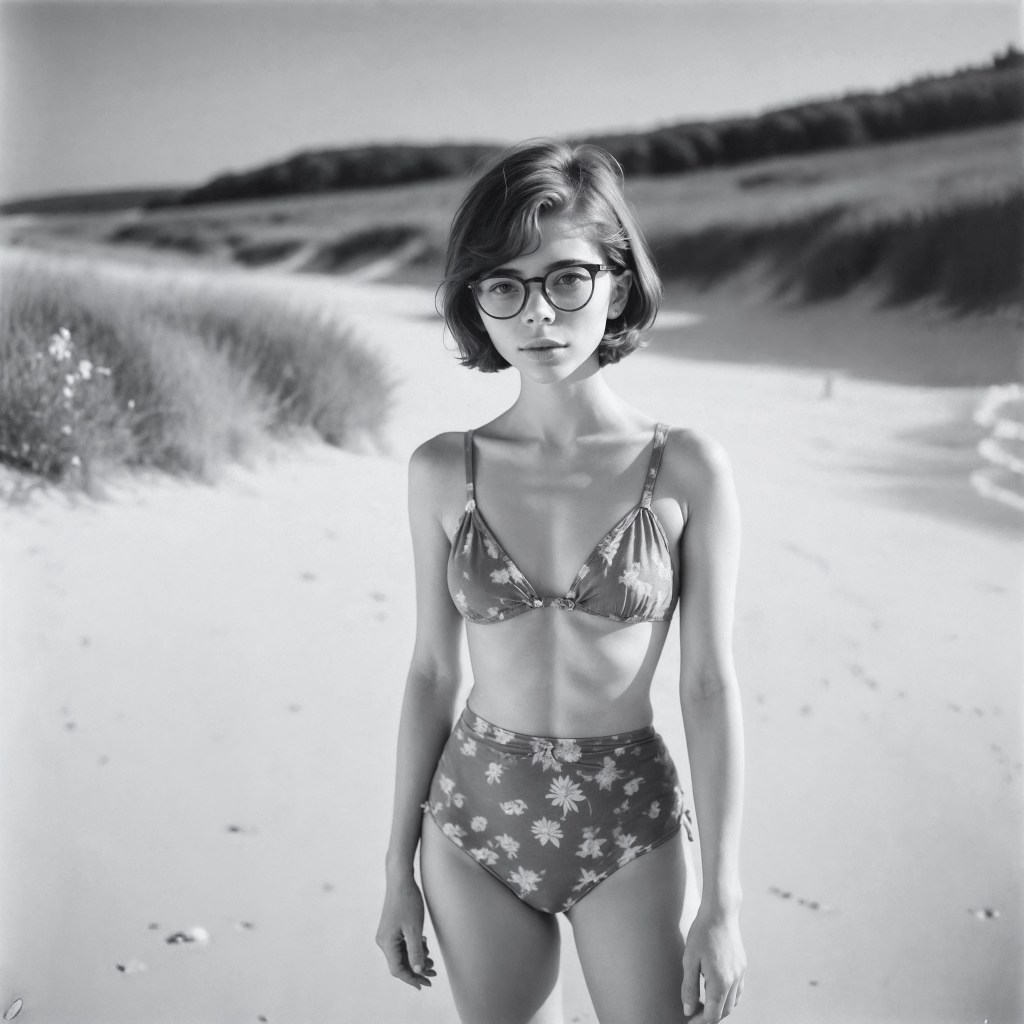 Revive la nostalgia del verano con esta imagen en blanco y negro de una joven con un bikini de flores, caminando por una playa desierta. La estética vintage y el entorno natural crean una sensación atemporal, capturando la serenidad de una tranquila mañana en la costa.