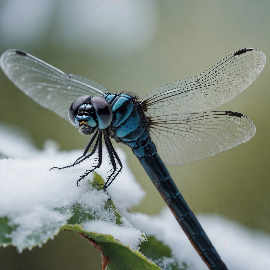 Libélula azul posada en una hoja nevada, con detalles vibrantes de sus alas y cuerpo resaltando contra el fondo natural.