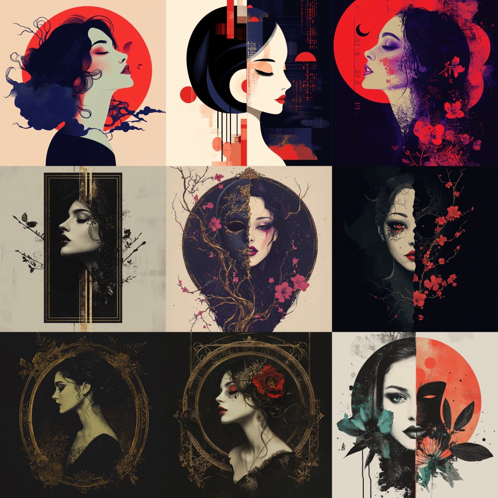 #ComposiciónEstética #EstiloFemenino Serie de rostros femeninos artísticos con contrastes de color, diseño gráfico y máscaras. Impacto visual y elegancia atemporal. #BellasArtes #