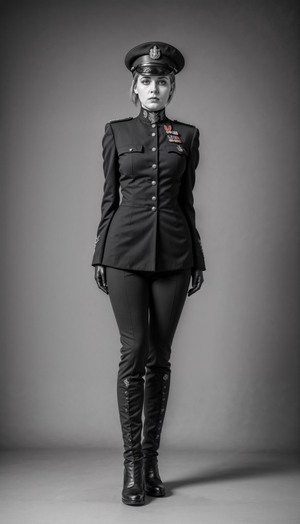Retrato de una mujer uniformada con estilo del siglo XX, destacando autoridad, elegancia y un aire clásico en blanco y negro.