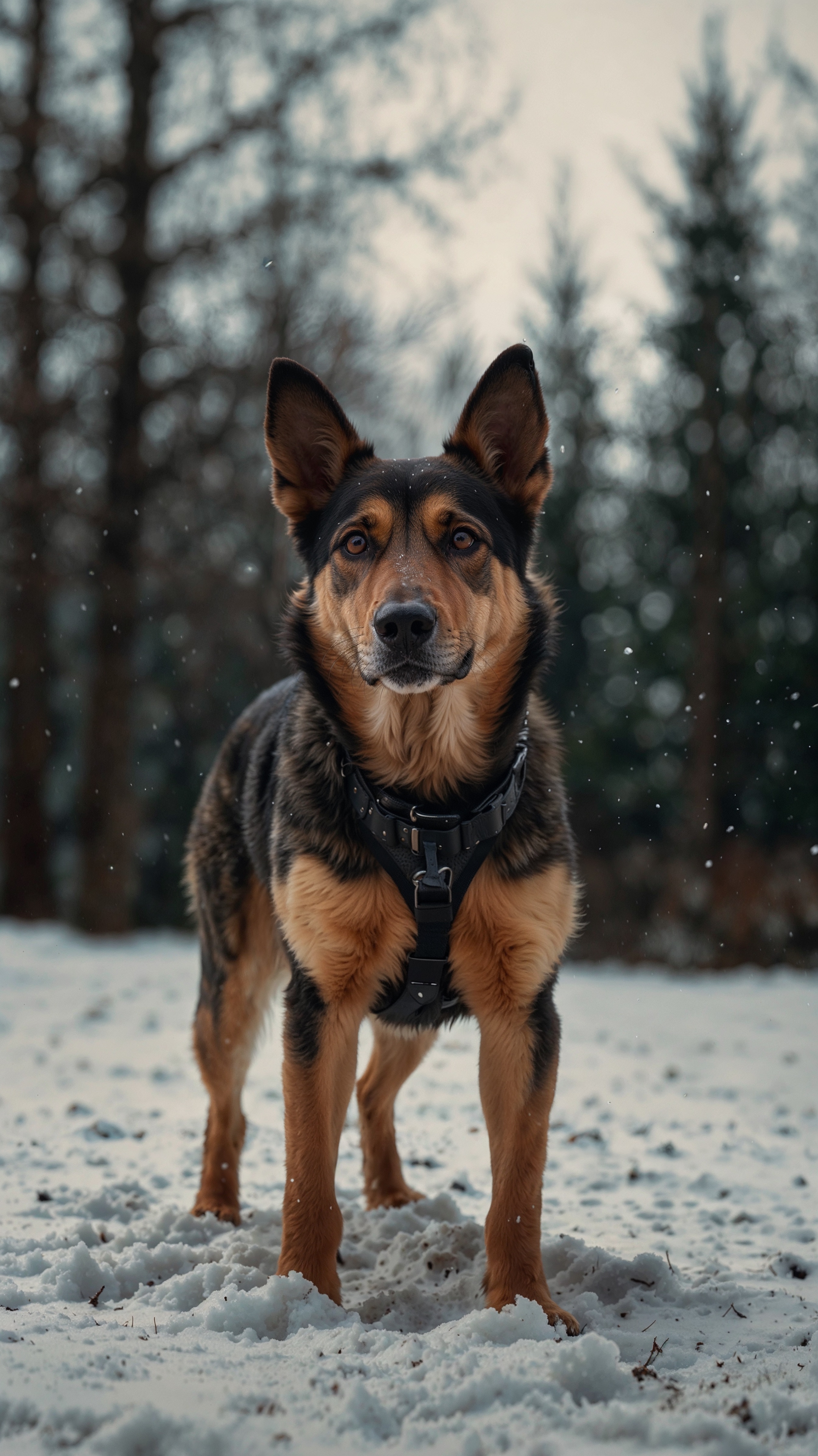 Un pastor alemán de pie en la nieve, transmitiendo fuerza y lealtad. Una imagen que evoca la conexión con la naturaleza y los animales.