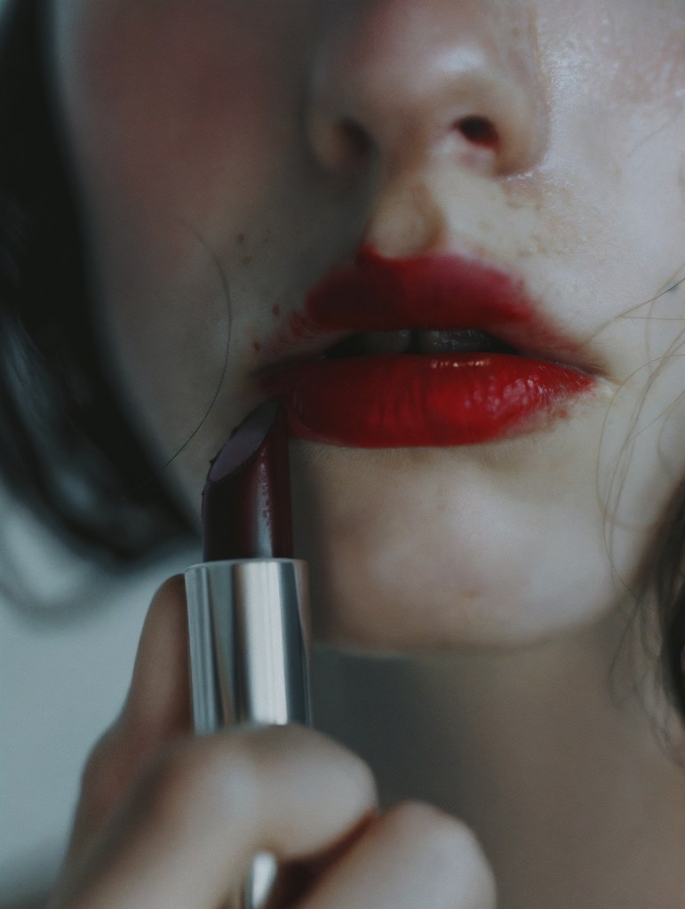 Primer plano de labios rojos con pintalabios aplicado de forma desordenada, creando un look expresivo y artístico. Esta imagen evoca un estilo alternativo, ideal para campañas de belleza no convencionales o moda creativa que busca resaltar la individualidad.