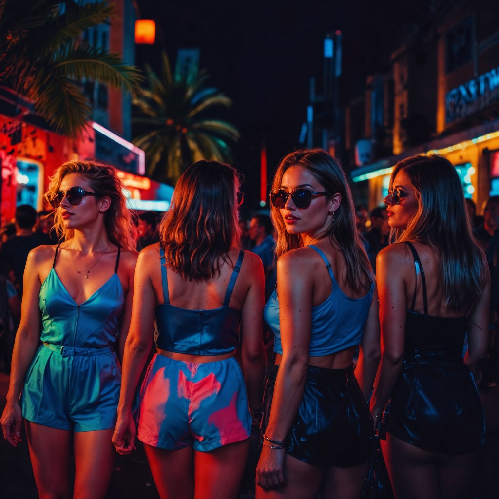 Explora la esencia de la vida nocturna en Ibiza con esta imagen de cuatro mujeres con atuendos brillantes, caminando por las coloridas calles bajo luces de neón. La atmósfera electrizante y moderna captura el estilo y la energía de una noche inolvidable en la isla.