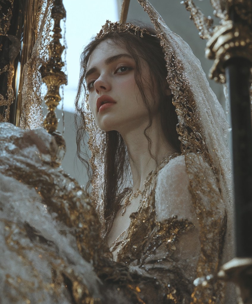 Una majestuosa figura emerge entre oro y escarcha, con una mirada enigmática que transmite la solemnidad de un ritual ancestral.