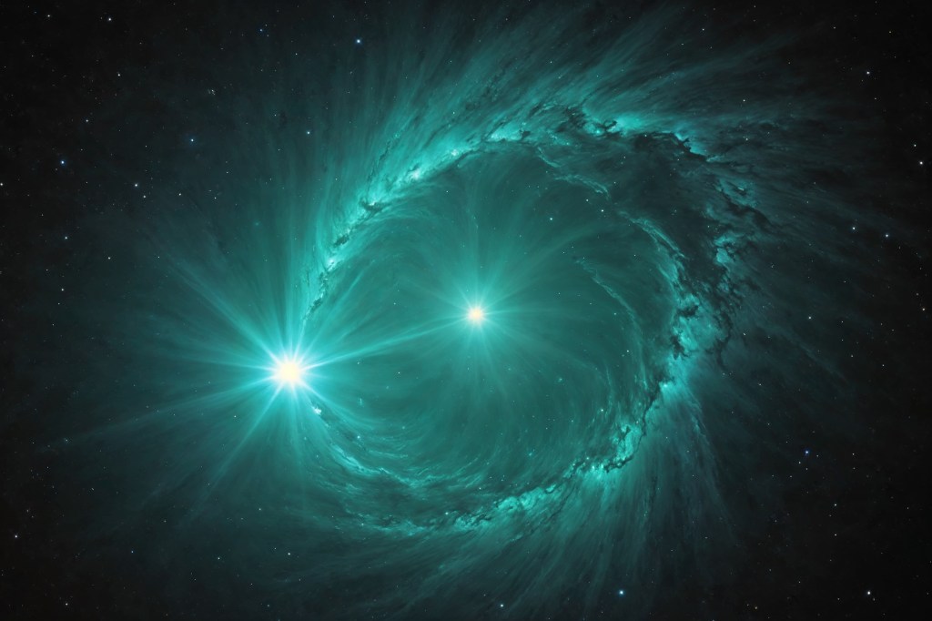 Descubre la impresionante belleza del cosmos con esta imagen que capta dos estrellas brillando en una espiral de energía galáctica. Los tonos verde-azulados y las luces estelares intensas crean una atmósfera mágica que parece sacada de los confines del universo.