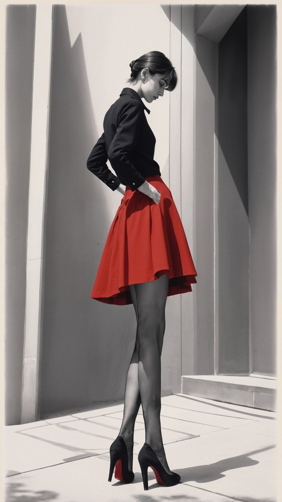 Una silueta femenina en un entorno monocromático con toques de rojo en su falda, representando sobriedad y diseño clásico.