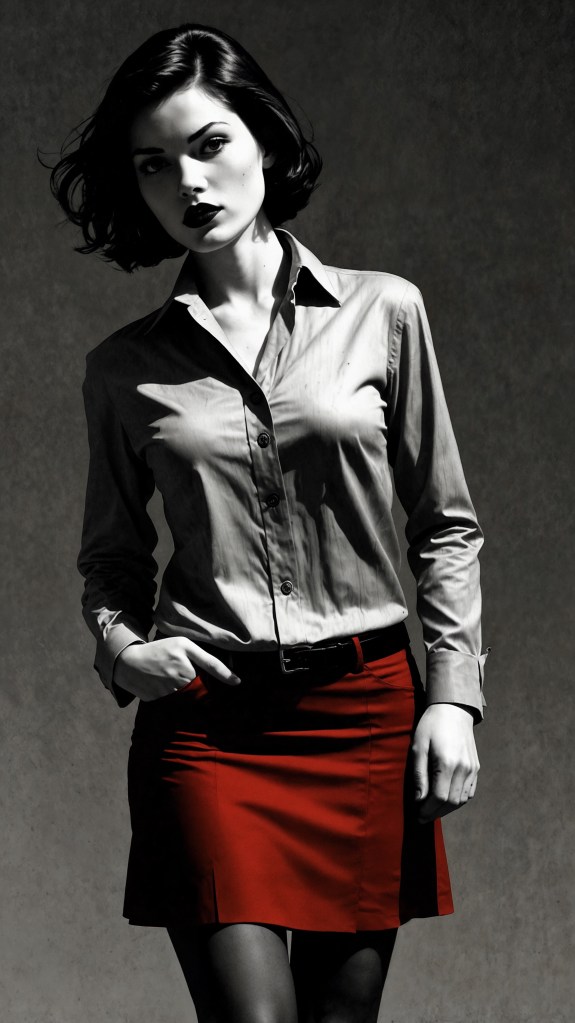 Ilustración estilo cómic de mujer sofisticada en falda roja y abrigo negro con fondo urbano y tonos rojizos, impactante y elegante.