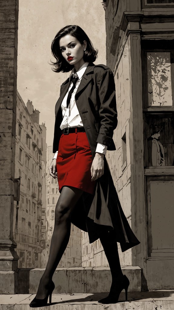 Una mujer con falda roja caminando con confianza por una calle clásica. Elegancia vintage con toques contemporáneos.