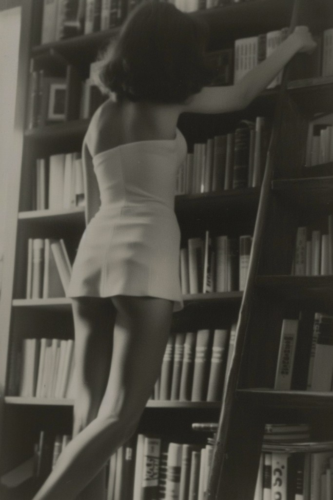 Una mujer en un elegante vestido minimalista examina los libros en una biblioteca, de espaldas, en una escena en blanco y negro. La imagen captura una atmósfera íntima y sofisticada, resaltando la belleza clásica en un espacio de lectura tranquilo y ordenado.